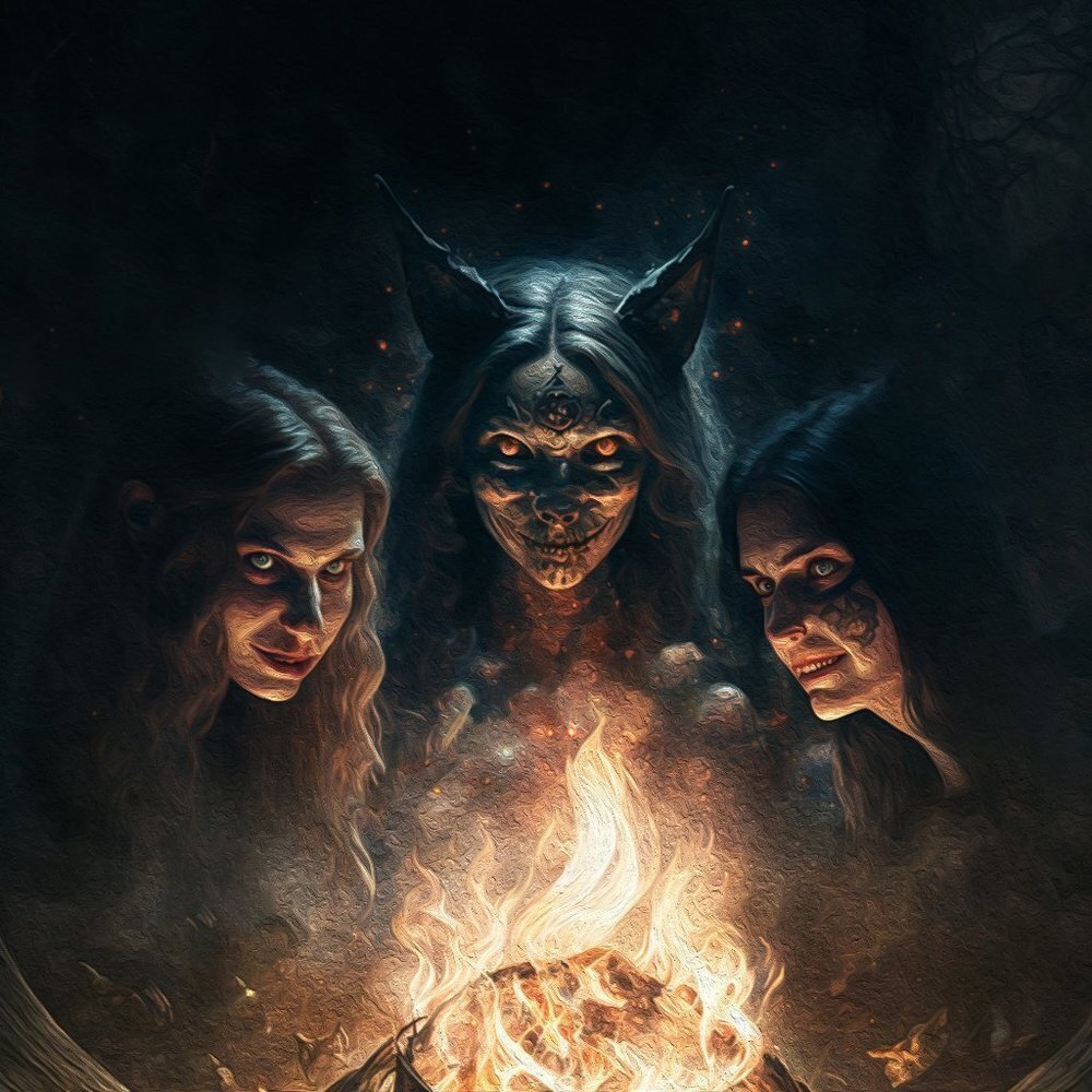 8x8 Witches Around Fire Dark Ritual Fantasy Art Watercolor Oil Painting Print - Picture 1 of 6